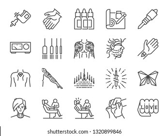 Tattoo Line Icon Set. Included Icons As Skin, Body, Artist, Style, Art And More.