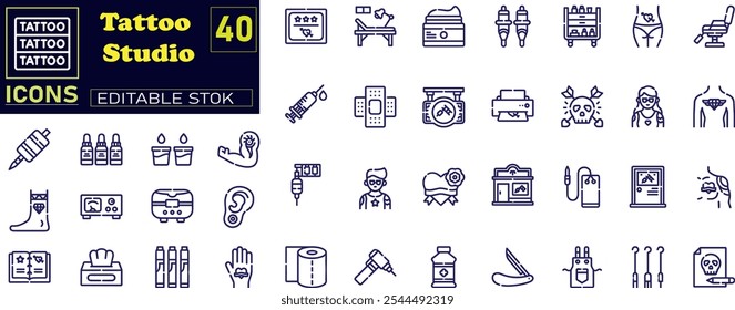 Tattoo line icon set. Tattoo machine, needle, paint, sketch . 