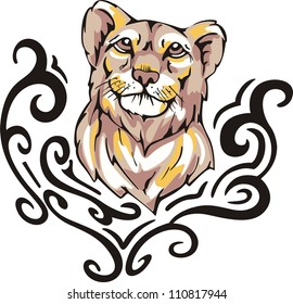 Tattoo with lioness head. Color vector illustration.