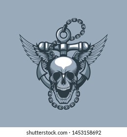 Tattoo logo with an anchor skull and wings behind.