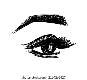 Tätowierungslogo, Vektorgrafik. Wimpernverlängerung - Skizze. Auge, Augenbrauentätowierung - Schönheitssalon-Symbol. Sehvermögen, Sichtmarkierung isoliert