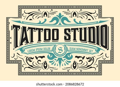 Tattoo logo with vintage ornaments. Layered