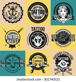 Tattoo logos and badges vector set