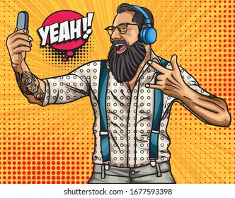 tattoo long bearded hipster middle aged man wearing a headphone with an excited mood