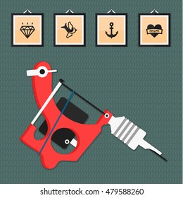 Tattoo machine in flat style illustration. Old school tattoo flash