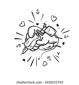 Tattoo machine in hand. Tattoo artist makes a tattoo .Tattoo master at work vector illustration on white background