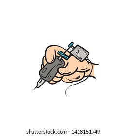 Tattoo machine in hand. Tattoo artist makes a tattoo .Tattoo master at work vector illustration on white background