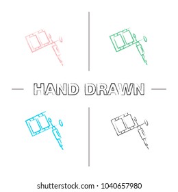 Tattoo machine hand drawn icons set. Color brush stroke. Tattoo gun. Isolated vector sketchy illustrations