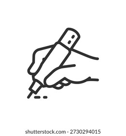 Máquina de tatuaje en la mano, icono lineal. Proceso del tatuaje y trabajo del arte del cuerpo. Línea con trazo editable.
