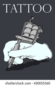 Tattoo machine on dark background. Hand drawn vector stock illustration
