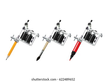 Tattoo machine with pencil brush and marker drawing set isolated on white background realistic vector illustration