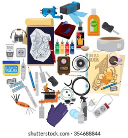 Máquina tatuada, caja de alimentación, clip e pedal, agujas, herramientas, iconos, composición redonda