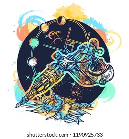 Tattoo machine and rose t-shirt design watercolor splashes style. Symbol of tattoo studio 