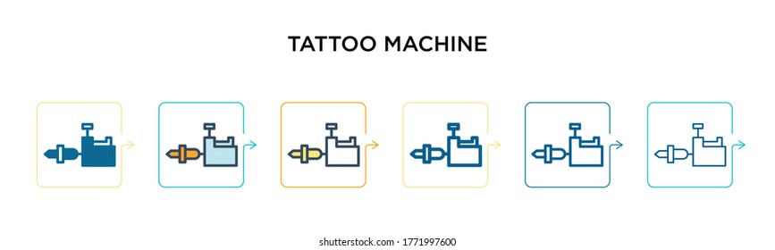 Icono vectorial de máquina de tatuaje en 6 estilos modernos diferentes. Iconos de la máquina de tatuajes de color negro, diseñados con el estilo relleno, contorno, línea y trazo. La ilustración vectorial puede utilizarse para la web, el móvil,