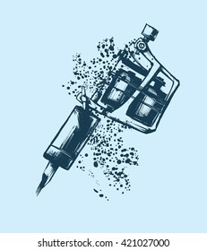 Tattoo machine. Vector illustration on blue background. Silhouette hand drawn style