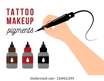 Tattoo makeup pigments. A girl holding a microblading pen