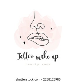 Tattoo makeup salon logo template. Permanent on lip. Linear female lips with pink watercolor splash. Hand drawn outline woman face. Abstract vector illustration in one line style.