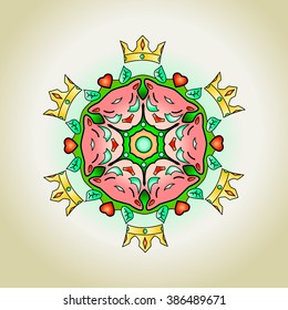 Tattoo mandala with crowns cats and hearts