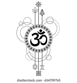 Tattoo with mantra Om abstract composition on white background. Modern symbol, textile print, coloring page.