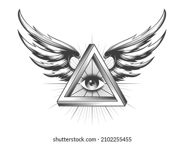 Tatuaje de Masonic All See Inside Triangle with Wings aislado en blanco. Ilustración vectorial.