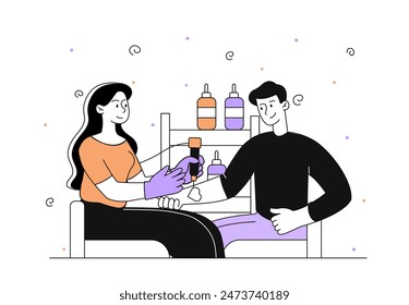Tattoo master with client. Woman gets tattoo on mans arm. Young guy at tattooist. Fashion and style. Girl draws with ink on hand. Linear flat vector illustration isolated on white background