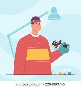 Tattoo master with machine in hand vector illustration. Cartoon man holding ink gun equipment with needle for making fashion art drawing on skin, creative work of tattooist in professional studio