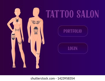 Tattoo master make ink picture in parlor landing page. Professional tattoos on mens and womans body mannequin. Tattoo studio website or web page. Flat cartoon vector illustration