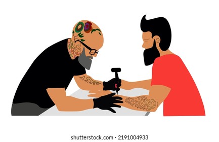 Tattoo Master Make Ink Picture To Man In Parlor. Professional Tattooist Hold Machine In Hand At Work. Client Sit Chair In Studio. Artist Paint Human Body Picture On The Arm. Flat Cartoon Vector Illust