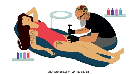 Tattoo Master Make Ink Picture to Woman in Parlor. Professional Tattooists at Work. Client is lying at Chair Studio. Artist Paint to Human Body Leg Tattoo. Flat Cartoon Vector Illustration