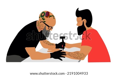Tattoo Master Make Ink Picture to Man in Parlor. Professional Tattooist Hold Machine in Hand at Work. Artist Paint Human Body Picture on the Arm. Vector Illustration