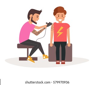 Tattoo master making tattoo to a man. Vector illustration. Cartoon character. Art on a white background. 