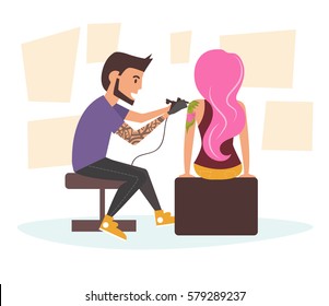 Tattoo master making tattoo to woman with the pink hair. Vector illustration. Cartoon character. Vector art on a white background. 