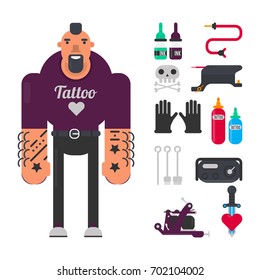 Tattoo master with special work equipment isolated illustration