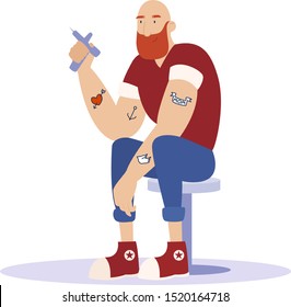 Tattoo master vector illustration. Flat male character - ink master with red beard, old school tattoos, red t-shirt, jeans and red shoes. Isolated on white. Business and art concept.