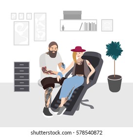 Tattoo master at work. Professional tattooer doing tattoo to young woman in studio. Tattooist with client. Flat illustration.