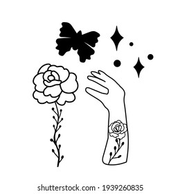 Tattoo mehndi woman hand. Boho celestial vector illustration with butterfly and rosehip. Magic wild flowers with stars. Silhouette bohemian elements set for shirt design. Boho clipart.  svg