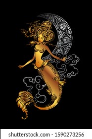 Tatuagem - Sereia nas nuvens e crescente. Através do Espelho - um mundo de conto de fadas mítico e fantástico. 