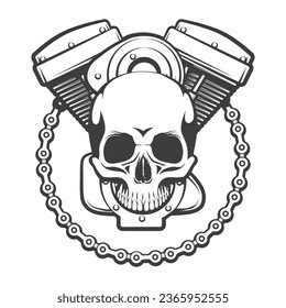 Tatuaje del motor de motocicleta con una cadena de cráneo y rueda aislada en blanco. Ilustración del vector