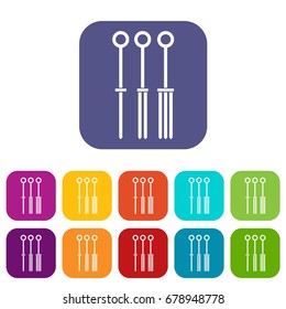 Tattoo needles icons set vector illustration in flat style In colors red, blue, green and other