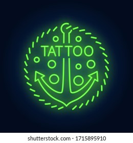 Tattoo neon word and anchor sign. Night bright advertisement, colorful signboard, light banner. Tattoo studio concept. Vector illustration in neon style.