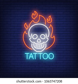 Tattoo neon word with smiling skull in flame outline. Neon sign, night bright advertisement, colorful signboard, light banner. Vector illustration in neon style.