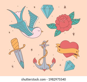 tattoo old school bird flower sword heart