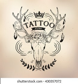 Tattoo old school studio skull deer