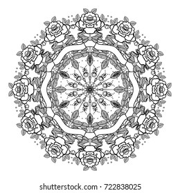 Tattoo old school style mandala. Vector illustration isolated. Linework Traditional Tattooing Style design, with rose, classic symbol. Print, poster, t-shirt and textile. Valentine vintage composition