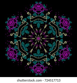 Tattoo old school style mandala. Vector illustration isolated. Linework Traditional Tattooing Style design, with rose, classic symbol. Print, poster, t-shirt and textile. Valentine vintage composition