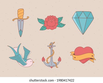 tattoo old school sword flower heart bird set