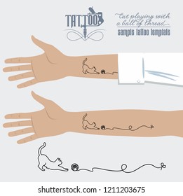 Tattoo on hand, cat playing with a ball of thread, illustration, vector