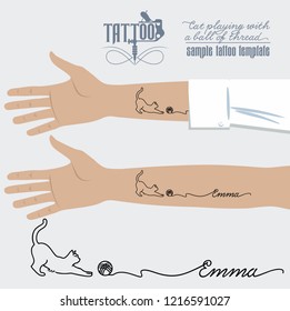 Tattoo on hand, cat playing with a ball of thread, Emma name, illustration, vector