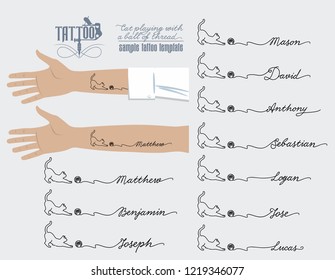 Tattoo on hand, cat playing with a ball of thread, male name, Matthew, Benjamin, Joseph, Mason, David, Anthony, Sebastian, Logan, Jose, Lucas, illustration, vector