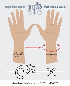 Tattoo on hand, cat sleeping on hand, double-sided image, logo, illustration, vector